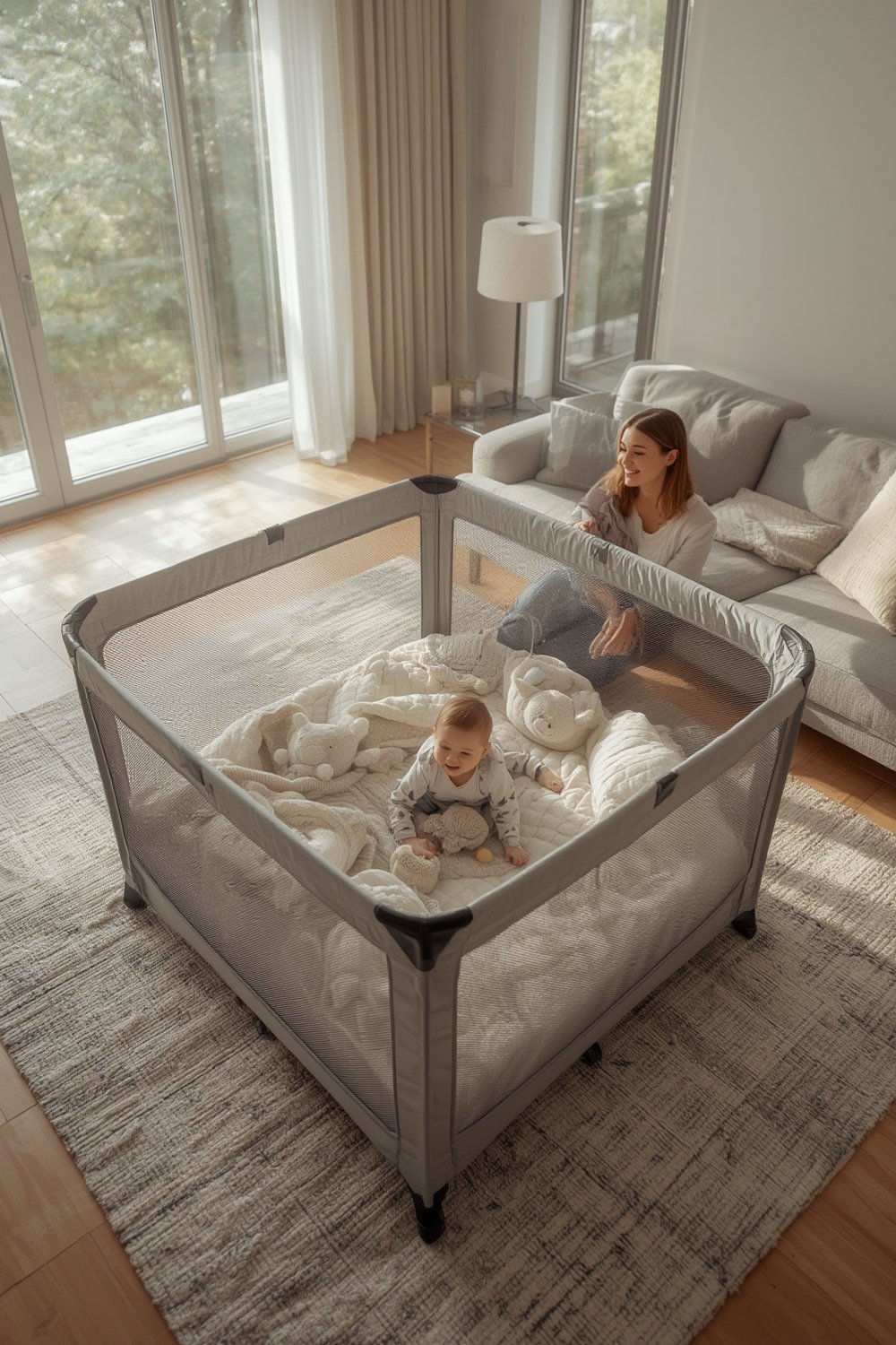 portable playpen Joovy Room2 black with mesh windows in nursery