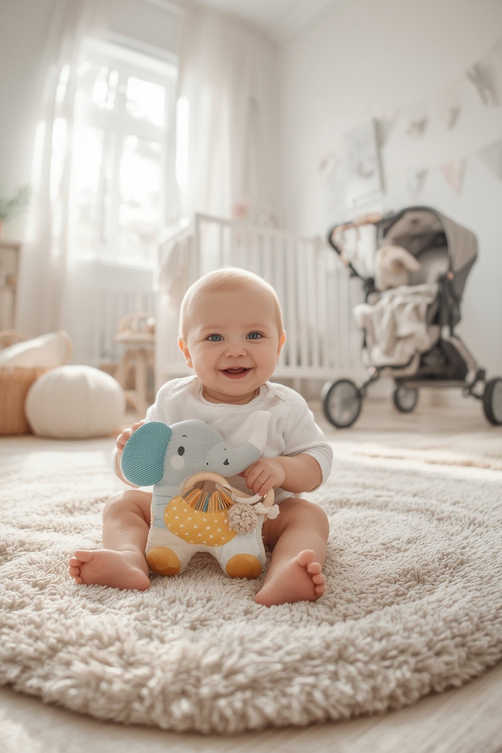 teething toy with multi-sensory textures on stroller