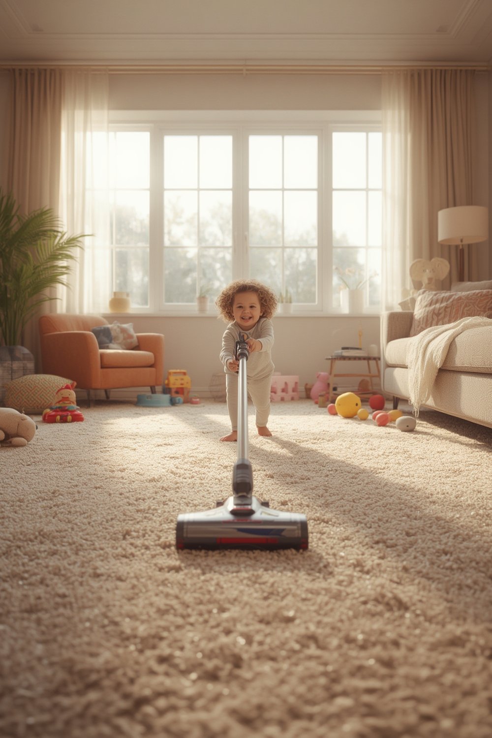 Child using Casdon Dyson Cordless toy vacuum in pretend play