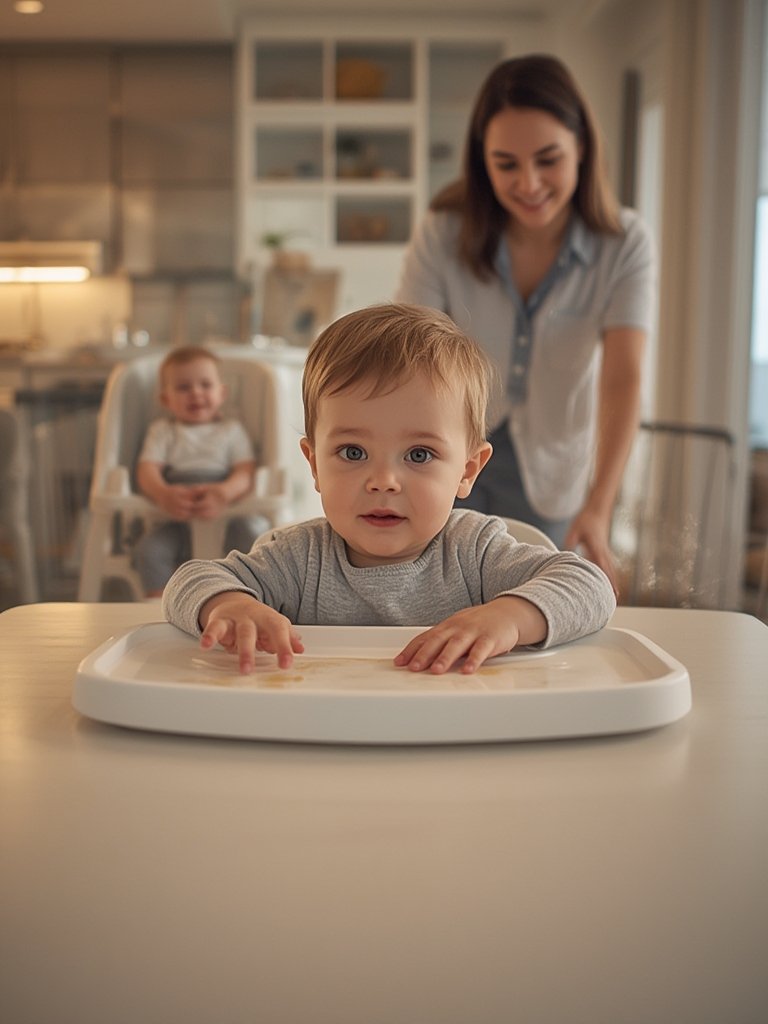 baby feeding in high chair, using removable tray
