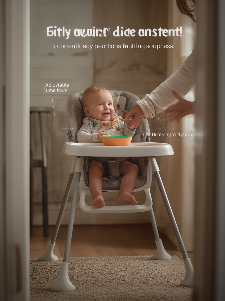 baby feeding in high chair with dishwasher safe tray and safety harness