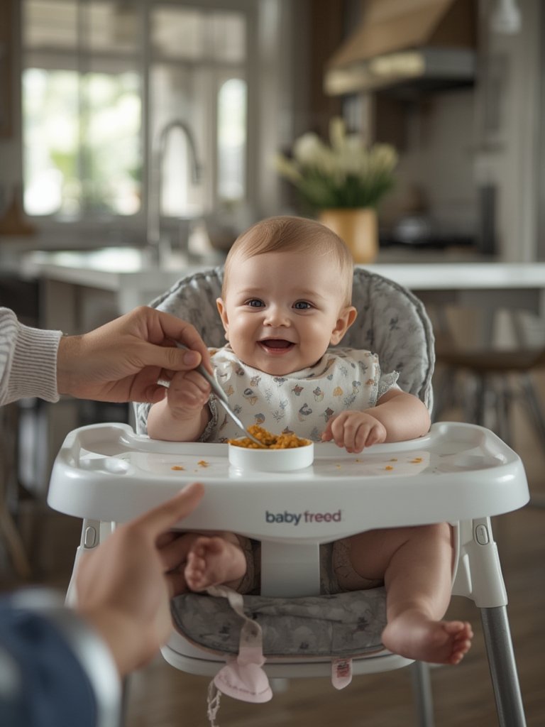 portable highchair with child smiling