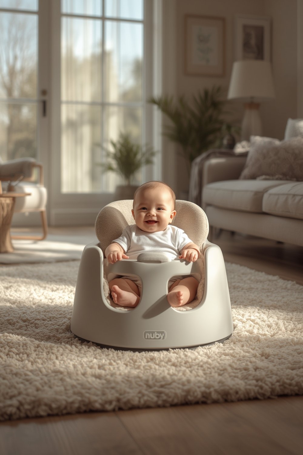 baby seat being used by smiling infant