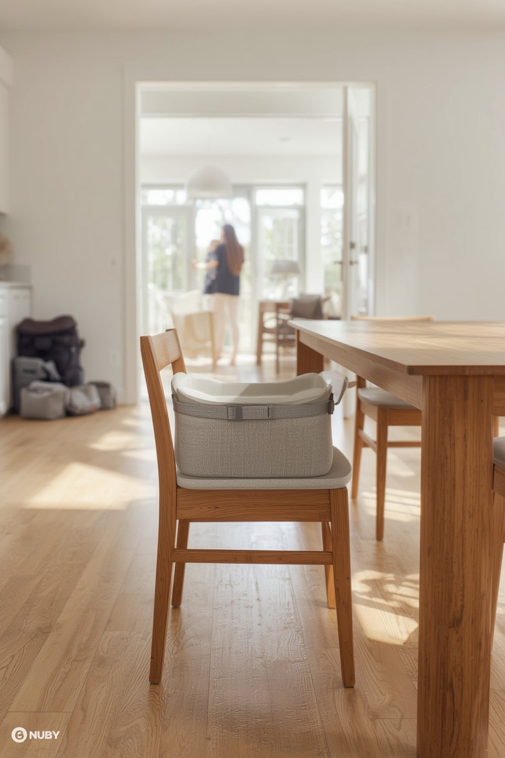 booster seat secured in use on a dining chair with toddler
