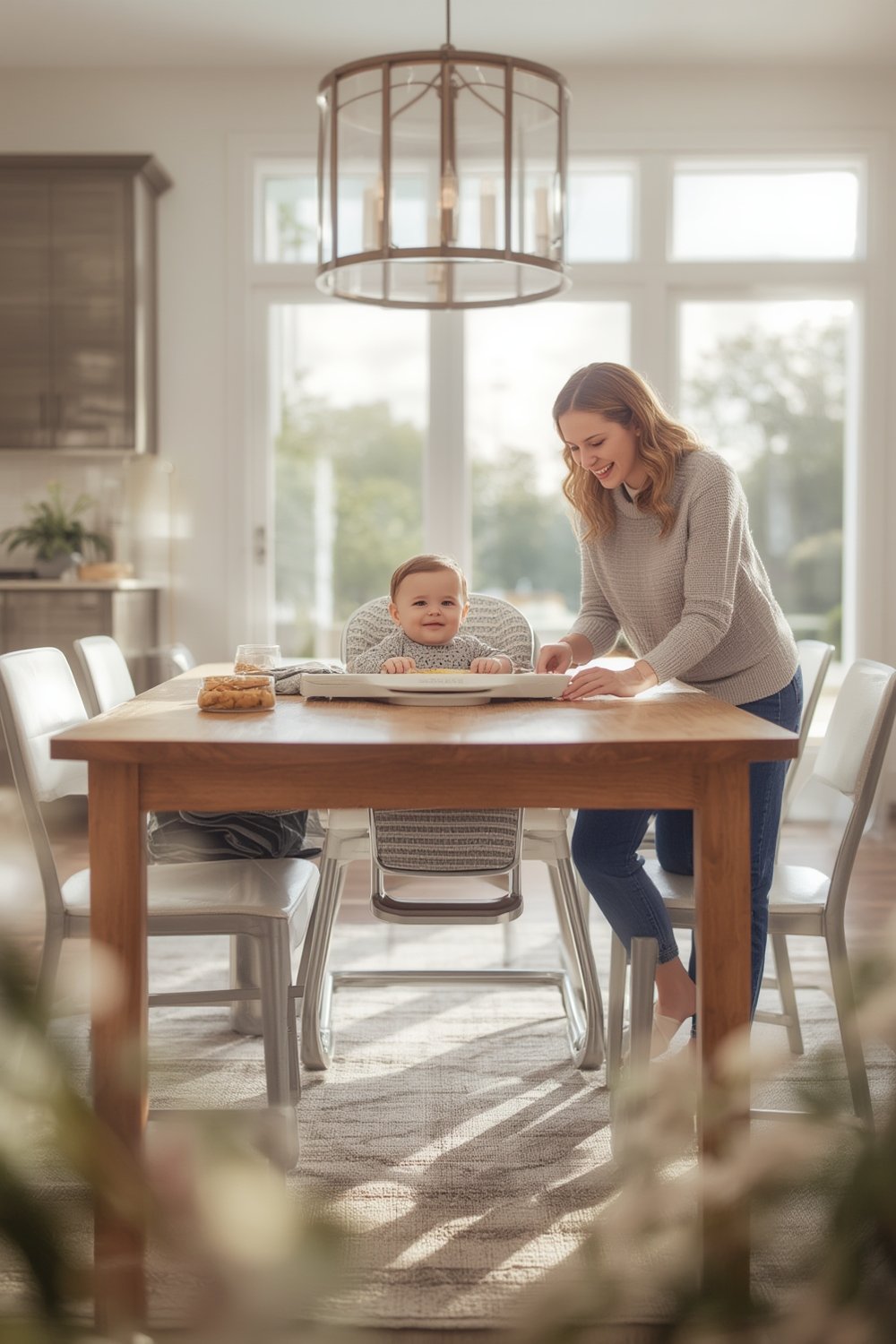 convertible highchair with easy clean tray and adjustable recline in dining area