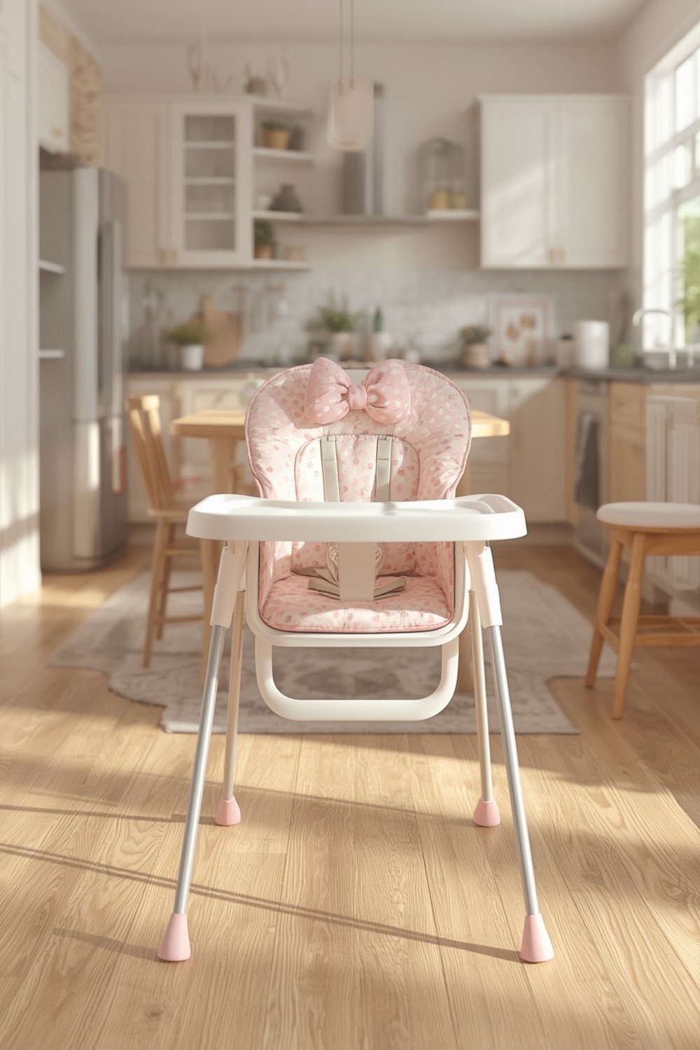 foldable highchair in use with baby feeding