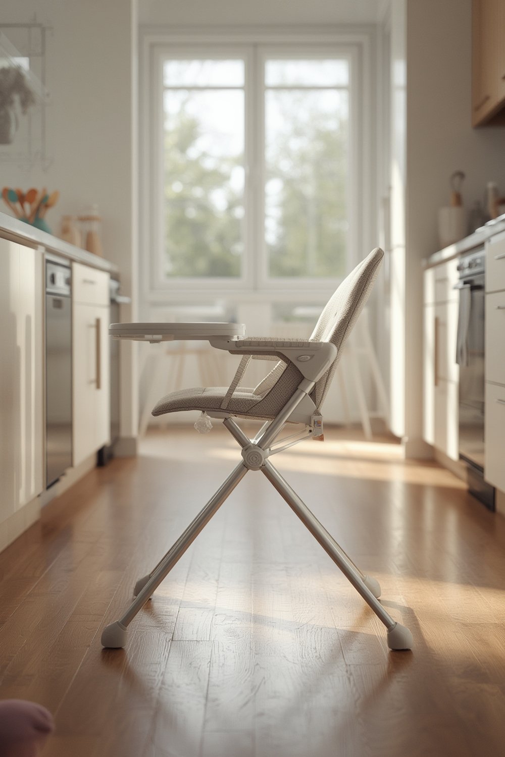 foldable highchair in use with infant