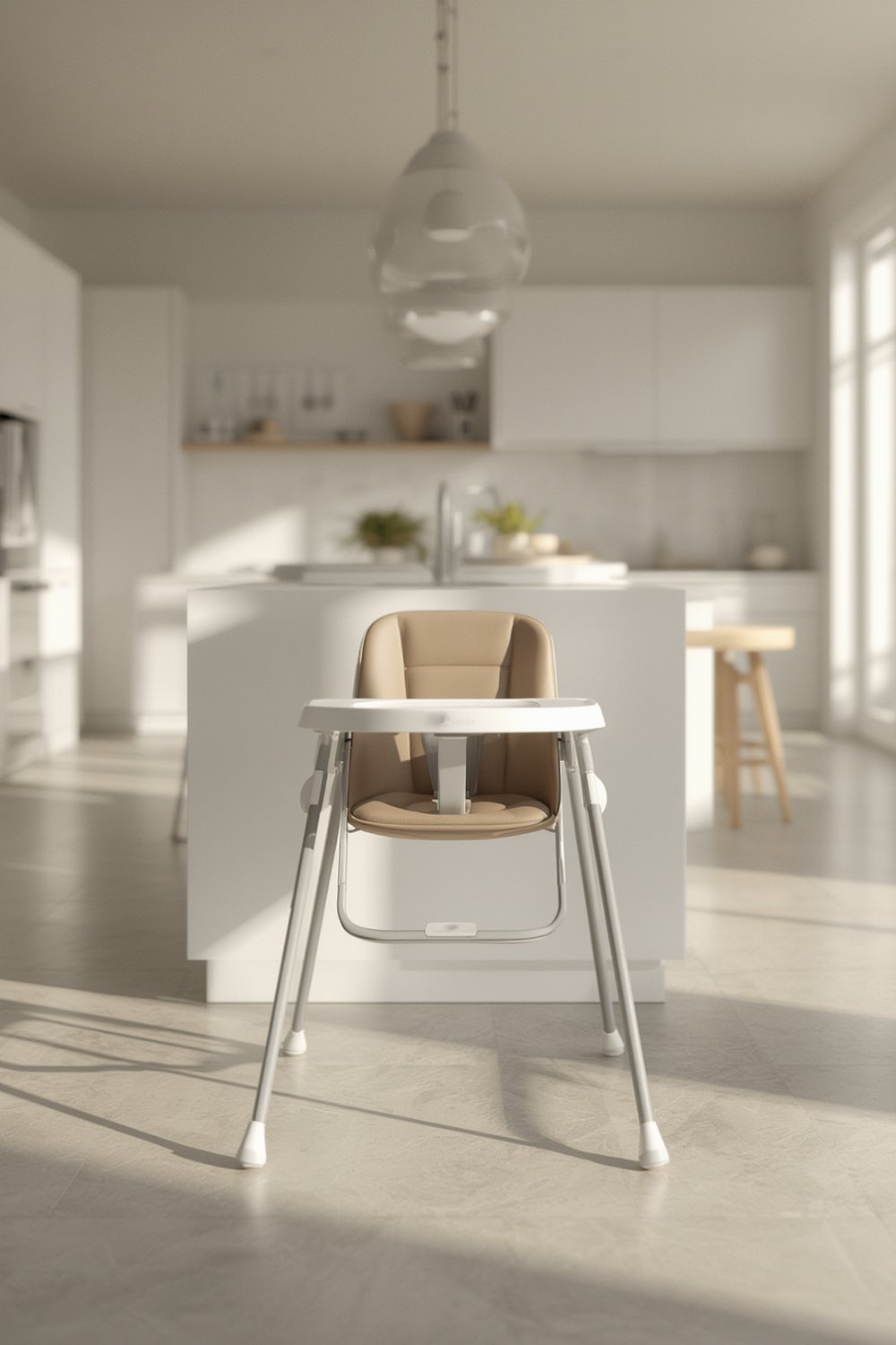 Folding highchair in kitchen, compact and space saving