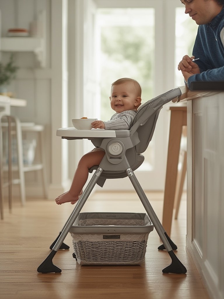 folding highchair showing ultra compact one hand fold