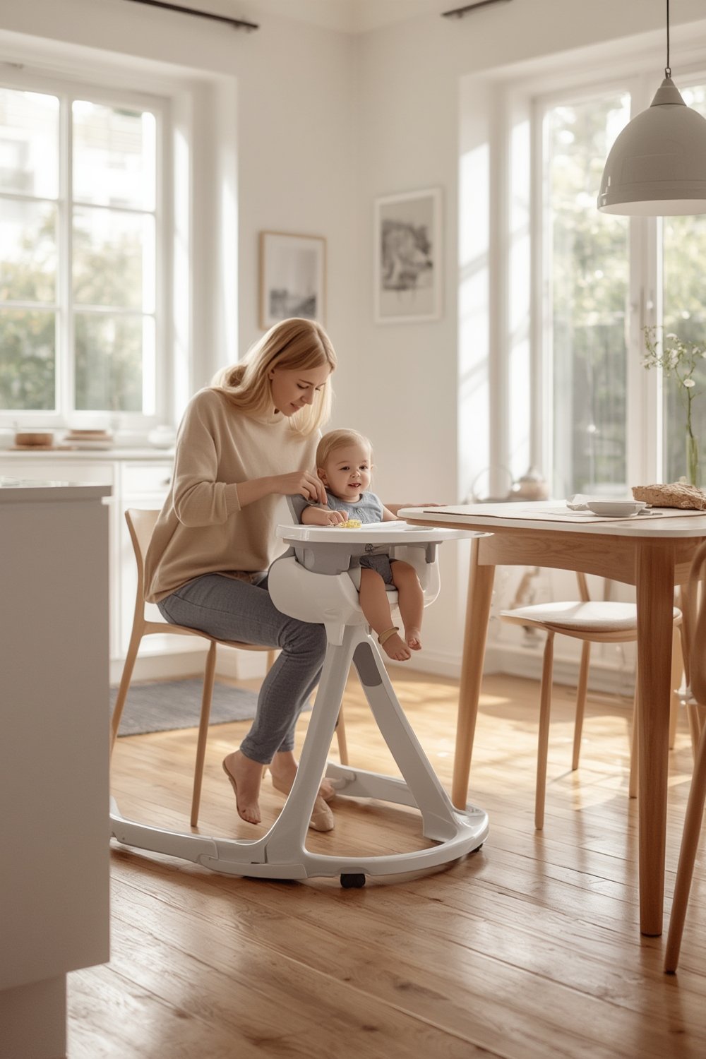 high chair with child sitting upright and eating from dishwasher safe tray
