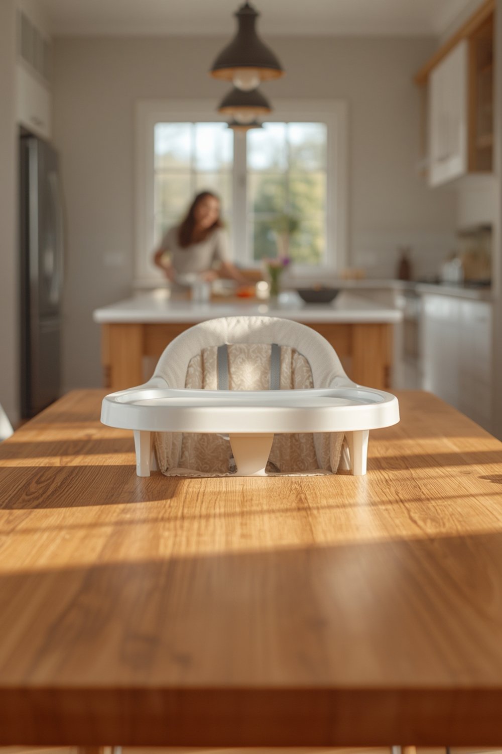 high chair in use with splash resistant padded baby seat