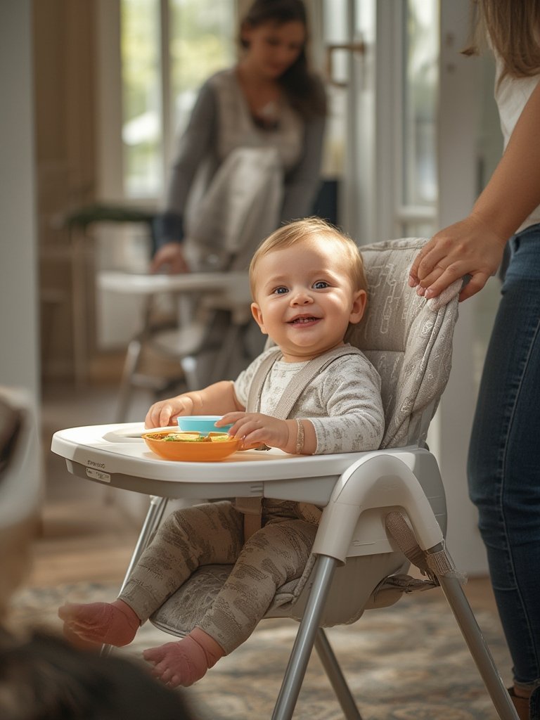 Portable highchair, lightweight baby chair shown folded