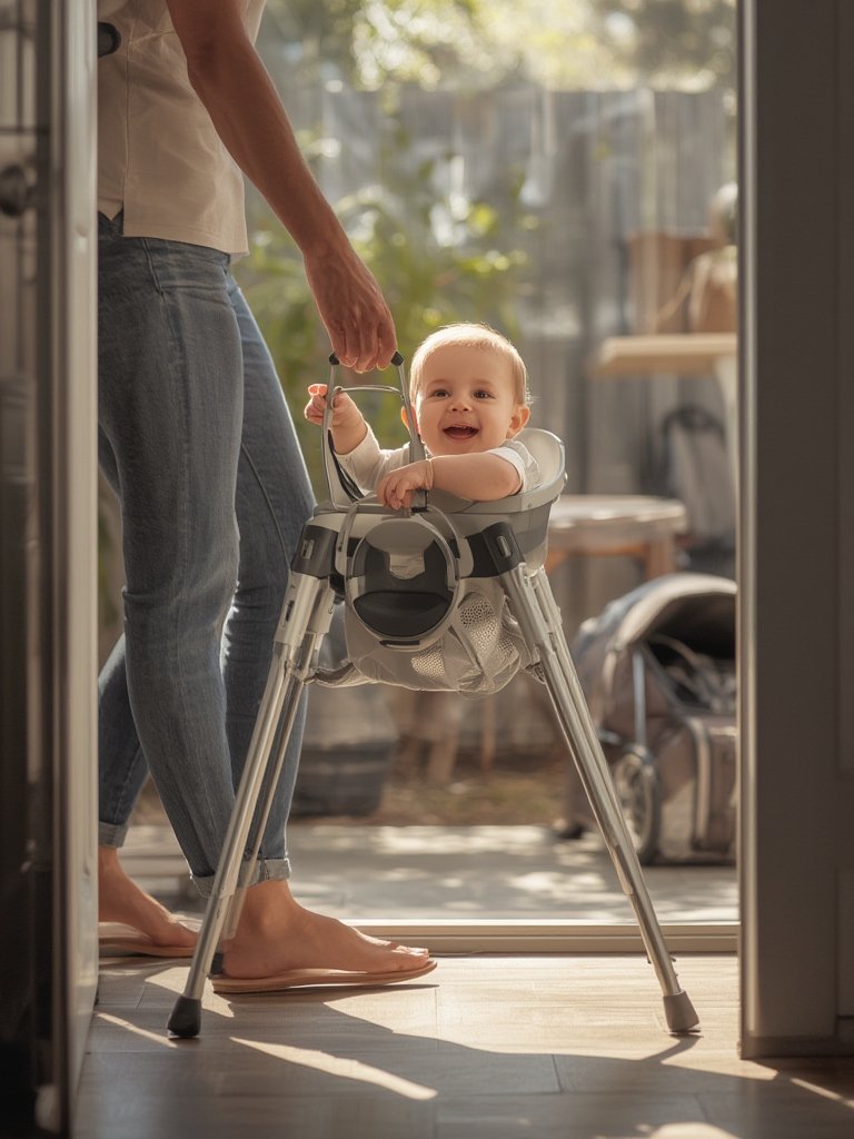 portable highchair demonstration in compact folded state