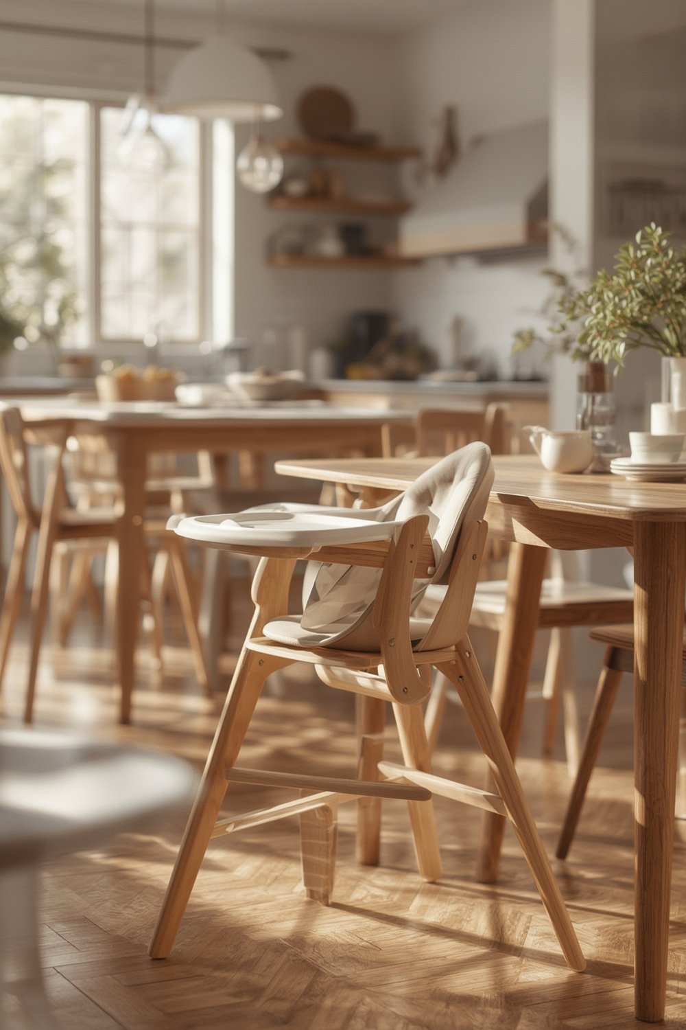 wooden highchair in kitchen next to dining table